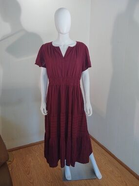 NWOT XL Wine Red Maxi Dress Short Sleeves Pockets Elastic Waist V Neck Loose Fit
